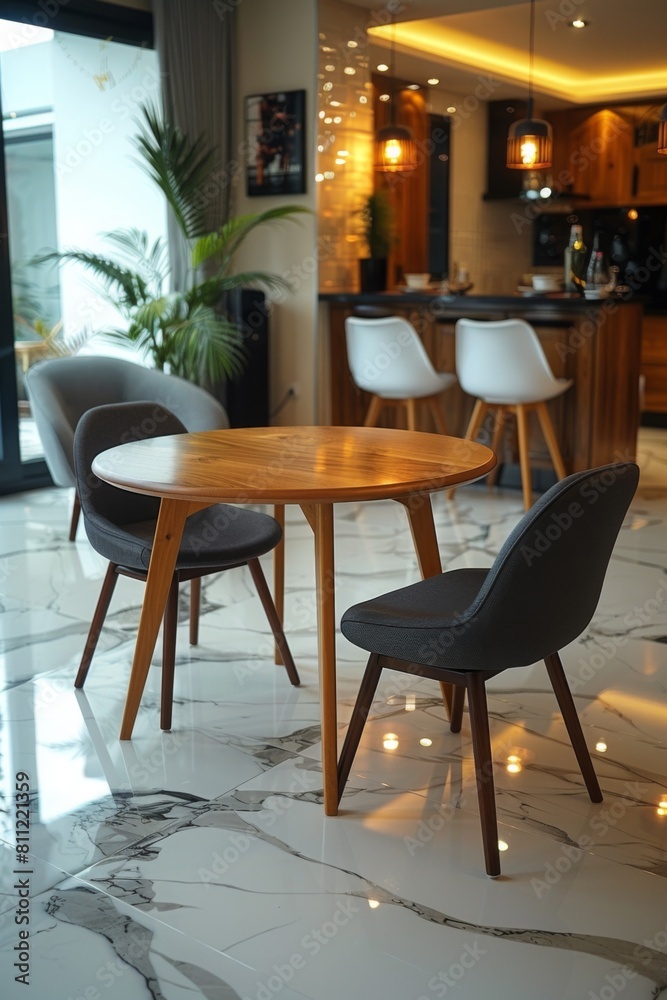 A dining room with a table and chairs in the middle of it, AI