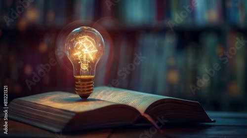 Light bulb glowing on book, idea of ââinspiration from reading, innovation idea concept, Self learning or education knowledge and business studying concept. hyper realistic 