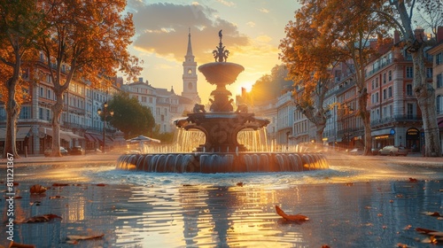 Stunning Sunrise Over the Historic Jacobins Square with Majestic Fountain, Autumn Scene in France photo