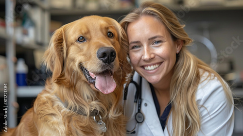 A woman vet doctor is patting a golden retriever