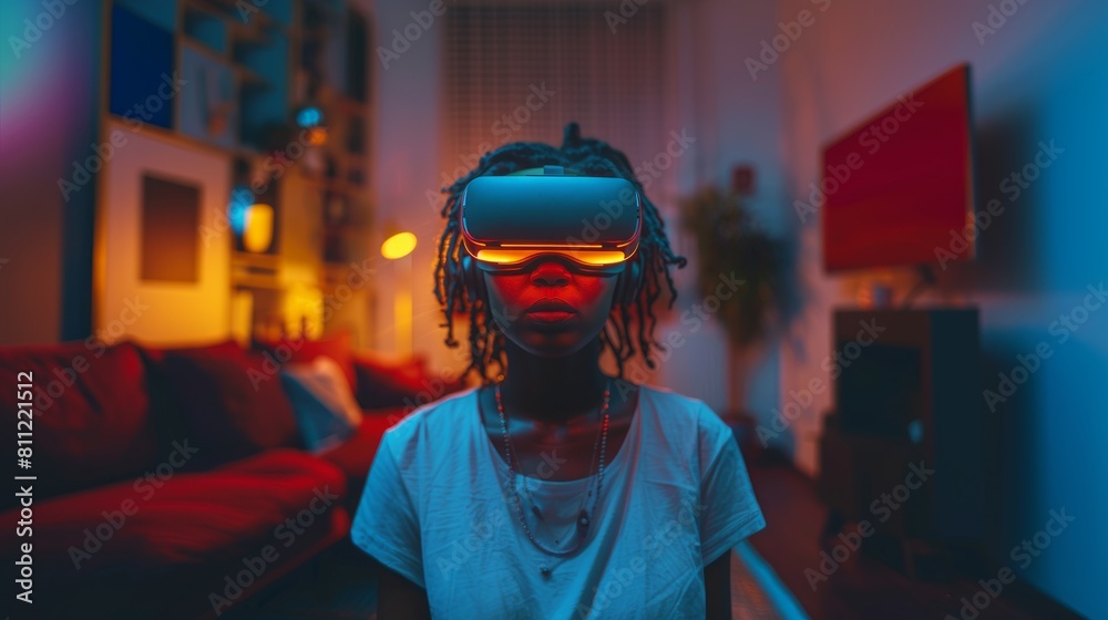 Young Woman Engaging in Virtual Reality Experience in Cozy Apartment Young Woman Engaging in Virtual Reality Experience in Cozy Apartment