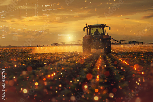 Tractor spraying or harvesting agricultural crops at sunset There is infographic information overlaid on the image.