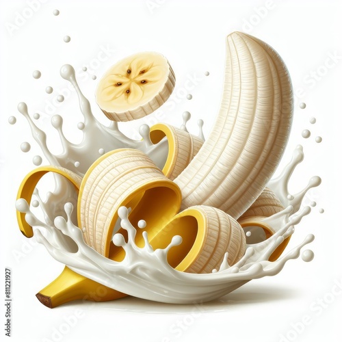milk splash with fresh bananas isolated white background