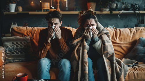Cold couple sitting on sofa at home blowing nose and covered with blanket photo