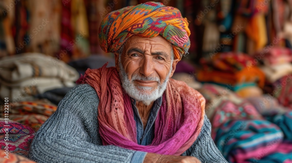 Elderly Yemeni Man in Colorful Turban Smiling in Traditional Market