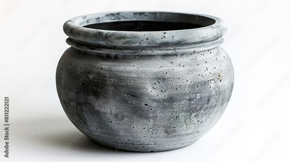 Enhance the photo of a large, round, cement flower pot with a white background. The pot has a rough texture and a thick rim.