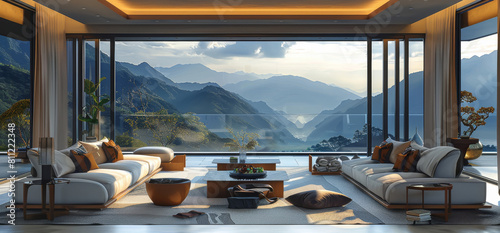 A wealthy asian style living room with a view of the mountains. Generative AI. photo