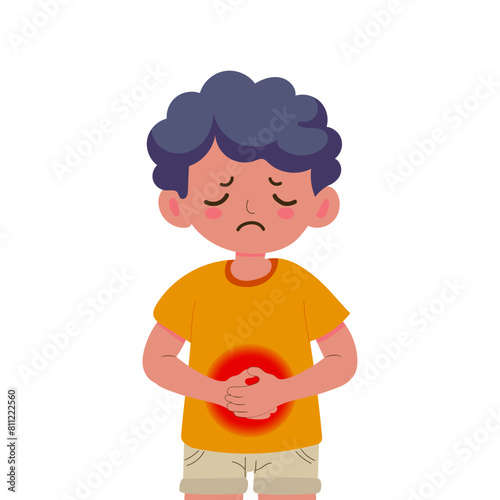 little kid boy suffering from stomachache and feeling sad