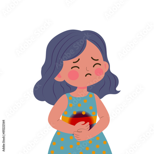 Chid with stomache. Girl put her hands on stomach because of illness. Sad sick kid.