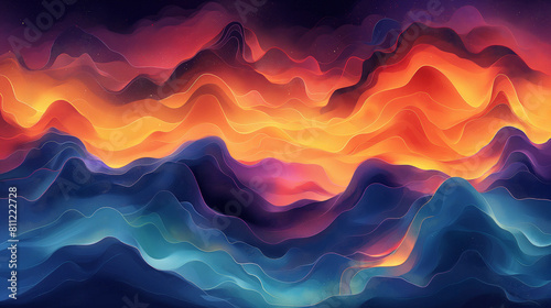 abstract digital painting of a mountain range with a sunset in the background