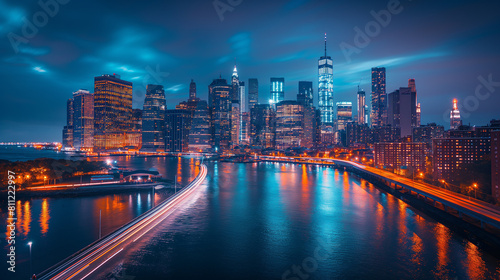 nighttime view of a city skyline with a river and a bridge