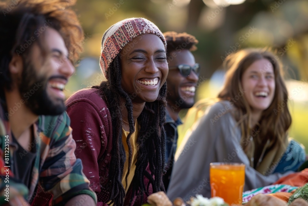Diverse group of people sitting around a table, laughing joyfully, A group of diverse friends laughing together at a picnic Diverse group of people sitting around a table, laughing joyfully, A group of diverse friends laughing together at a picnic