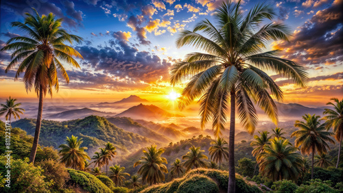 Sunset landscape in palm tree forest  nature wallpaper. Generative ai