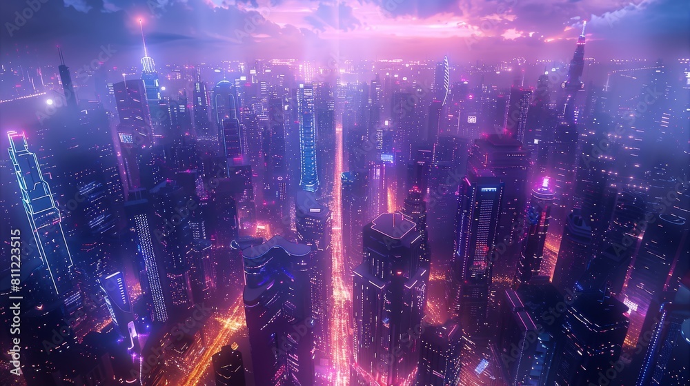 The city of the future of science and technology, mainly blue and purple tones. Aerial high view. Generative AI.
