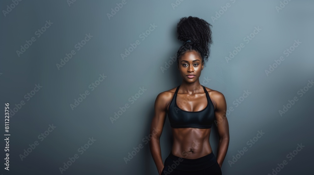 Obraz premium Attractive black woman with a fashionable hairstyle in stylish sportswear. Fashion and beauty, active lifestyle and sports.