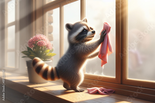 a raccoon cleaning a window with a cloth  concept art radiant morning light.