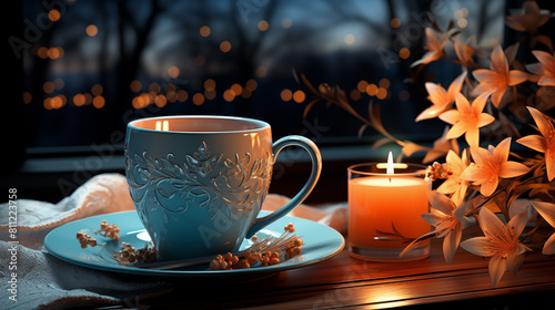 there is a cup of tea and a candle on a table