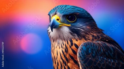 A striking falcon perches against a backdrop of vivid sunset colors  highlighting its sharp features and the vibrant beauty of the natural world