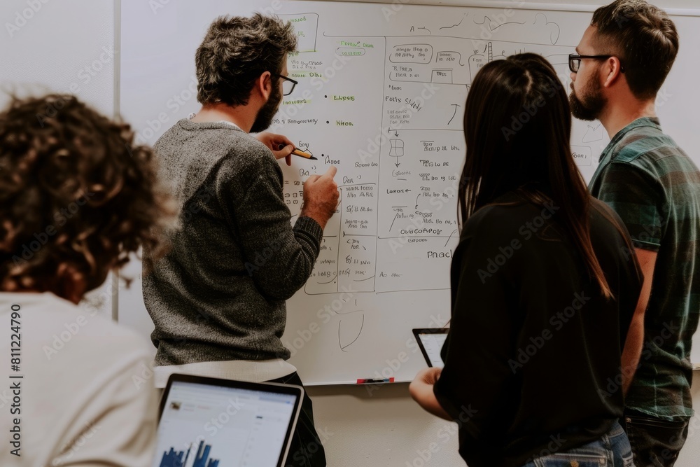 Employees collaborating and discussing ideas while standing around a ...