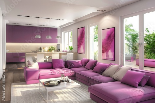 Modern Living Room Interior with Vibrant Purple Accents and Natural Light