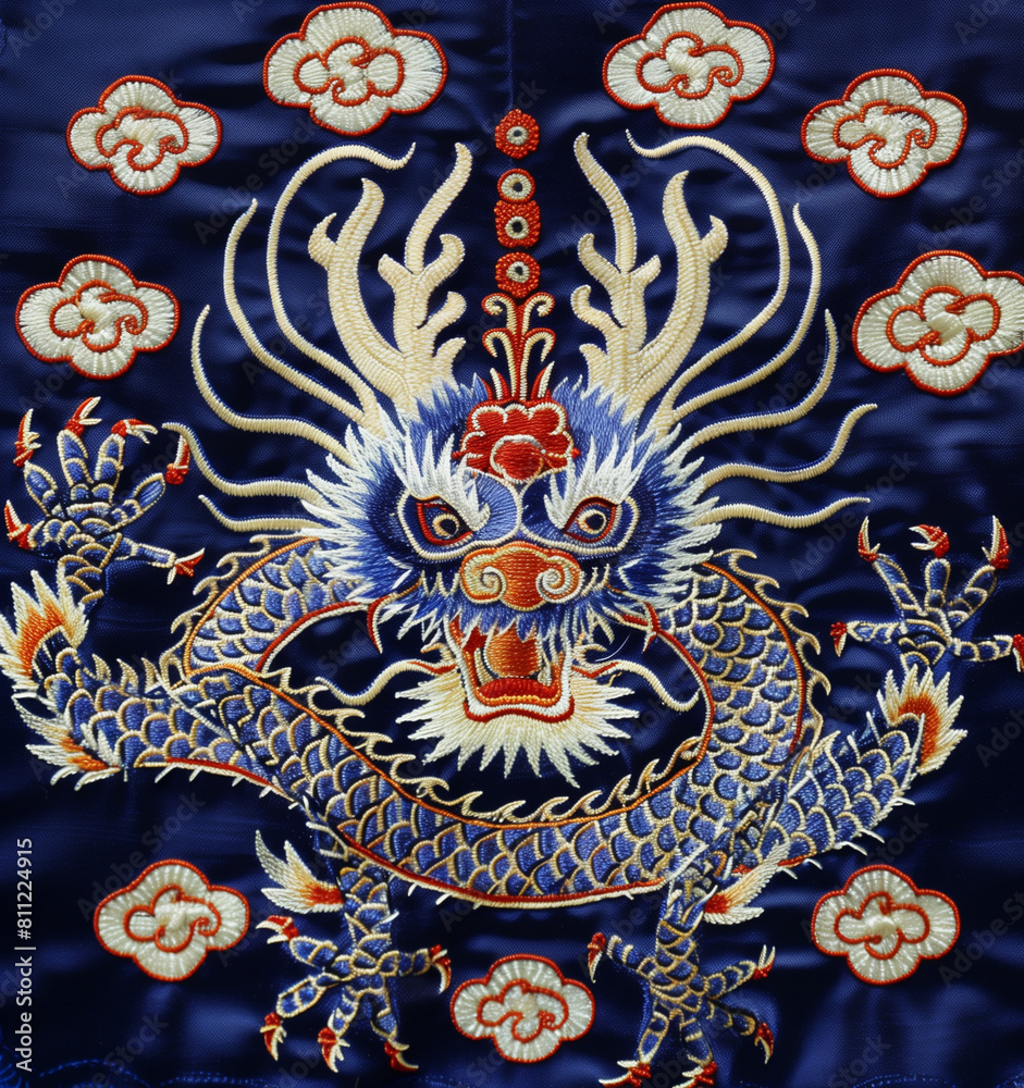 a close up of a dragon on a blue background with clouds