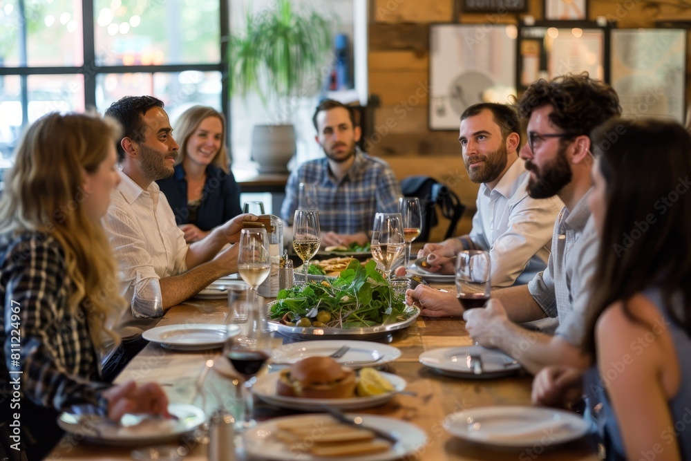 Entrepreneurs having a productive conversation while seated at a wooden table, A group of entrepreneurs having a productive conversation over a working lunch