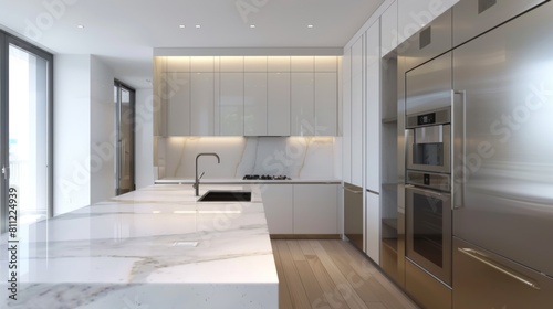 A sleek kitchen with minimalist design, featuring stainless steel appliances, white cabinets, and a marble countertop.