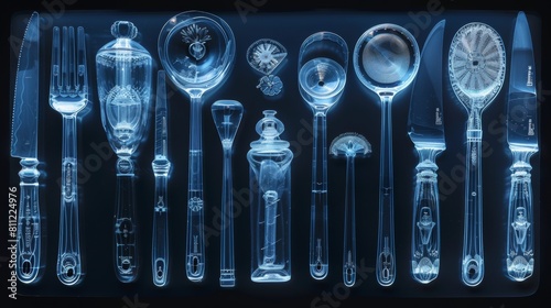 X-ray scan of a set of kitchen utensils, showing the handles and metal components.