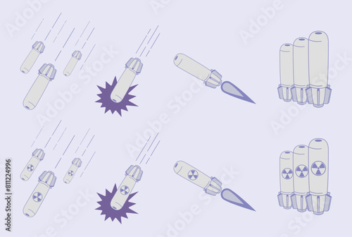 Nuclear Warhead Explosion, military aviation rocket, Flat nuclear bomb icon, Vector Illustration.