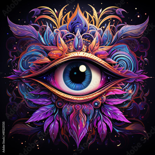 illustration of a psychedelic eye with a flower and leaves