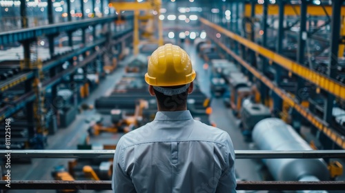 An industrial engineer wearing a hard hat looks out over a large factory floor. © Sittipol 