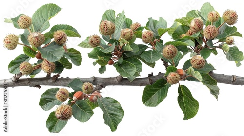 A branch of a tree with green leaves and brown nuts. The nuts are round and have a hard shell. The leaves are arranged alternately on the branch. photo
