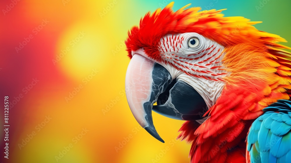 Close-up of a scarlet macaw, featuring its brilliant red, blue, and yellow feathers and a powerful beak, set against a vivid green background