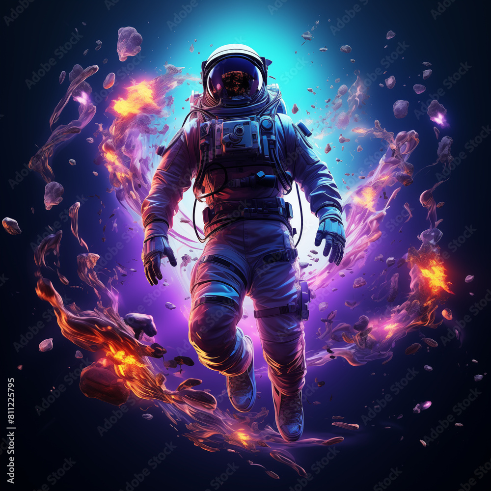 astronaut in space suit with glowing fire and smoke around him