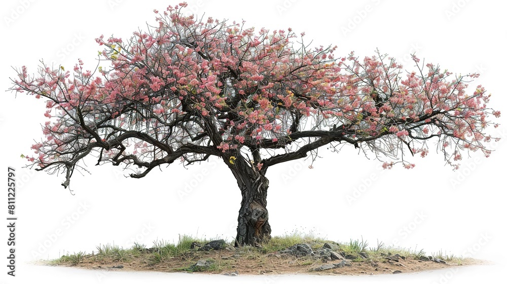 Photo of a beautiful pink blossom tree in full bloom against a white background