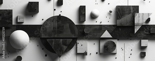 Black and white banner with illustration of different geometric shapes as background photo
