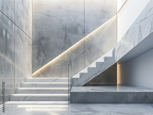 there is a staircase in a building with a marble floor