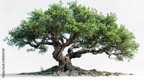 A large, old olive tree with a gnarled trunk and lush green leaves. The tree is set against a white background.