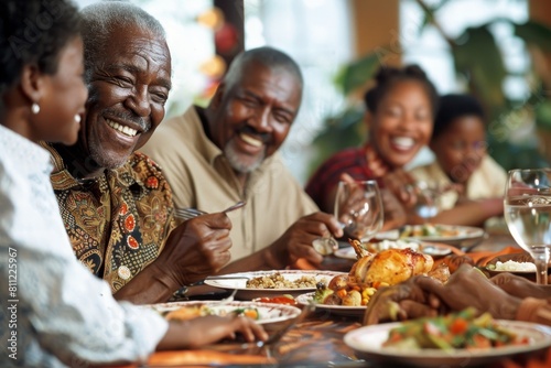 Family members sitting around a table  enjoying a meal  laughing and sharing food  A group of family members laughing and sharing a meal together