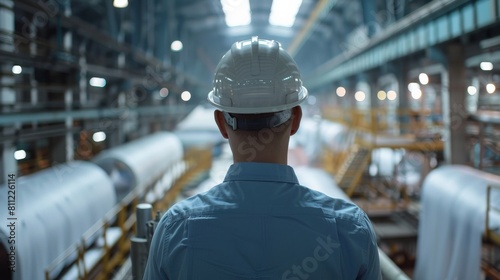 An industrial engineer wearing a hard hat inspects a paper production facility