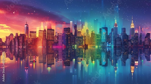 Rainbow Spectrum Cityscape  A vibrant cityscape bathed in the colors of the rainbow flag
