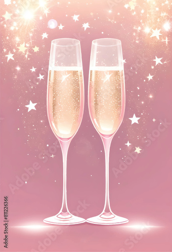 two champagne flutes with sparkles, shine effects, glitters, fireworks blast and stars arround it