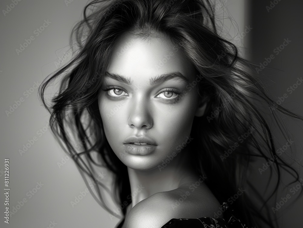 Naklejka premium Black and white portrait of a young attractive woman. Feelings and emotions, beauty and sadness.