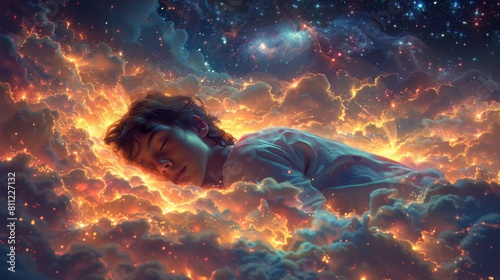 Bedtime Fantasia Illustrate a scene of a person drifting off to sleep, their mind alight with colorful dreams photo