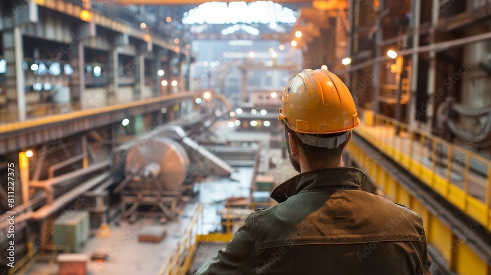 A man in a hard hat looking out over a factory floor