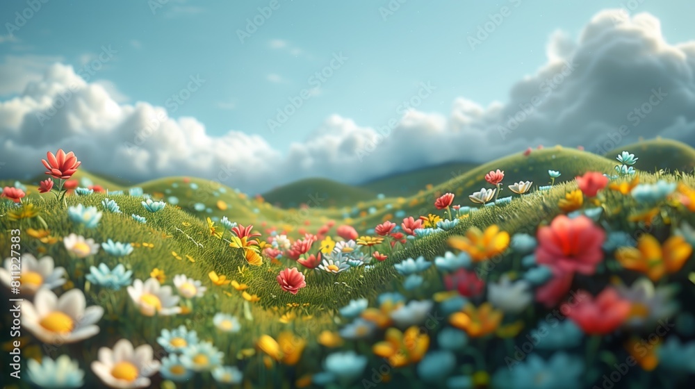 colorful wildflowers blooming across rolling hills under a dynamic sky in a serene landscape