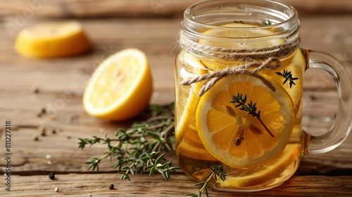   Mason jar with lemons   herbs  wooden table  sliced lemons  lemon wedges