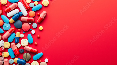 Top view: Various medicines scattered on a red background, illustrating options photo