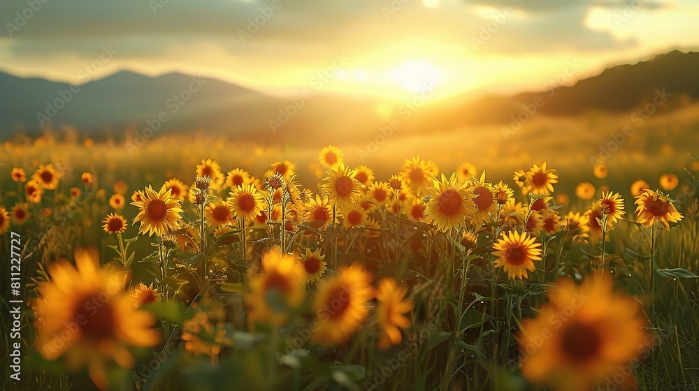 Obraz premium sunflowers against the backdrop of a sunset sky and blurry mountain