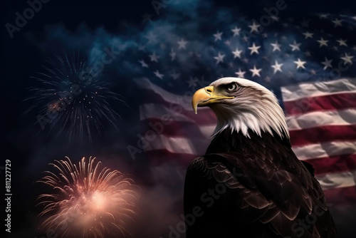 A bald eagle  national symbol of the United States  standing proudly in front of the American flag in a patriotic display of strength and symbolism